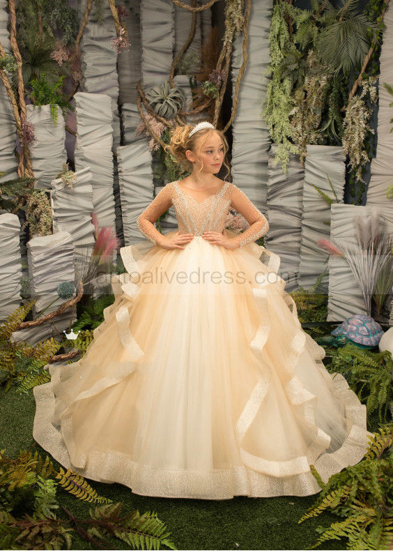 Beaded Champagne Tulle Ruffle Floor Length Flower Girl Dress